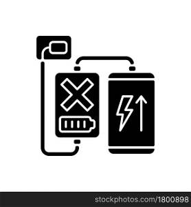 Charging, discharging powerbank black glyph manual label icon. No pass-through charging. Heat build-up. Silhouette symbol on white space. Vector isolated illustration for product use instructions. Charging, discharging powerbank black glyph manual label icon