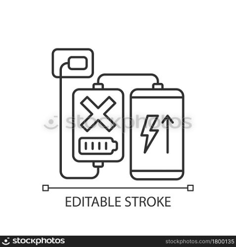 Charging, discharging powerbank linear manual label icon. Thin line customizable illustration. Contour symbol. Vector isolated outline drawing for product use instructions. Editable stroke. Charging, discharging powerbank linear manual label icon