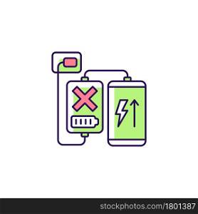 Charging, discharging powerbank RGB color manual label icon. No pass-through charging. Heat build-up. Isolated vector illustration. Simple filled line drawing for product use instructions. Charging, discharging powerbank RGB color manual label icon