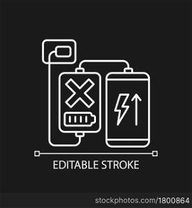 Charging, discharging white linear manual label icon for dark theme. Thin line customizable illustration. Isolated vector contour symbol for night mode for product use instructions. Editable stroke. Charging, discharging white linear manual label icon for dark theme