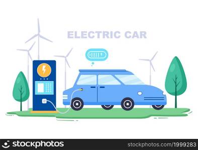 Charging Electric Car Batteries with the Concept of Charger and Cable Plugs that use Green Environment, Ecology, Sustainability or Clean Air. Vector illustration