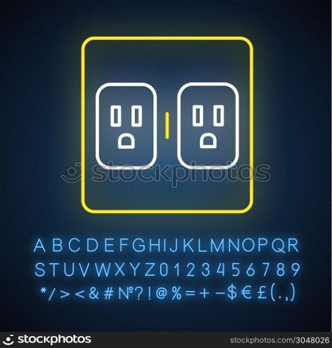 Charging outlets neon light icon. Two wall sokets. Electrical connectors. Power points. Electrified room. Glowing sign with alphabet, numbers and symbols. Vector isolated illustration