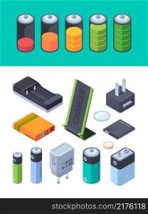 Charging stages. Battery levels for different gadgets power bank battery garish vector visualization isometric templates. Energy battery, power connect and supply electricity. Charging stages. Battery levels for different gadgets power bank battery garish vector visualization isometric templates