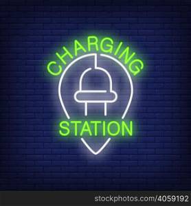 Charging station neon sign. Electrical plug with cord in shape of upside down drop. Night bright advertisement. Vector illustration in neon style for electricity and environment