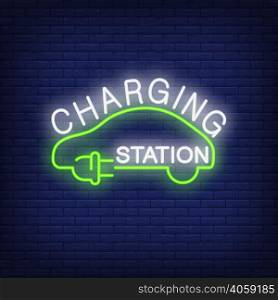 Charging station neon sign. Green plug and cord in shape of car on brick wall. Night bright advertisement. Vector illustration in neon style for battery vehicle and energy