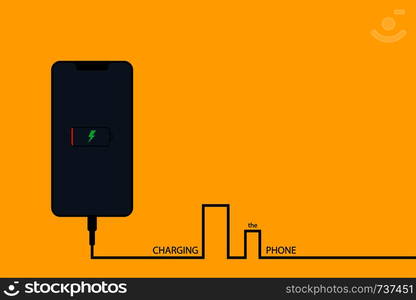 Charging the phone. Phone with battery on yellow background