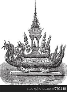 Chariot of Buddha in a cave, vintage engraved illustration. Le Tour du Monde, Travel Journal, (1872).