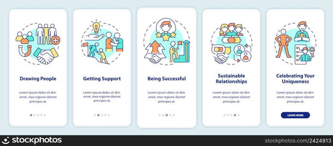 Charisma benefits onboarding mobile app screen. Attract people walkthrough 5 steps graphic instructions pages with linear concepts. UI, UX, GUI template. Myriad Pro-Bold, Regular fonts used. Charisma benefits onboarding mobile app screen