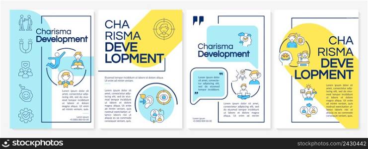 Charisma development blue and yellow brochure template. Build confidence. Leaflet design with linear icons. 4 vector layouts for presentation, annual reports. Questrial, Lato-Regular fonts used. Charisma development blue and yellow brochure template