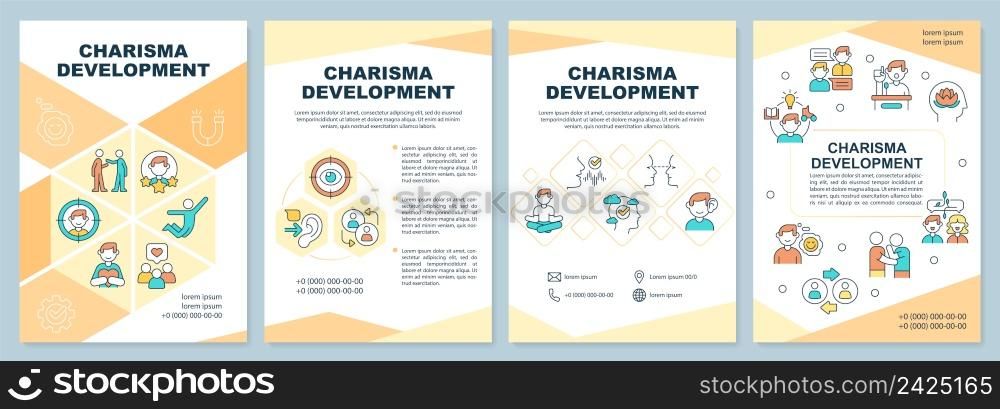 Charisma development orange brochure template. Build confidence. Leaflet design with linear icons. 4 vector layouts for presentation, annual reports. Arial-Black, Myriad Pro-Regular fonts used. Charisma development orange brochure template