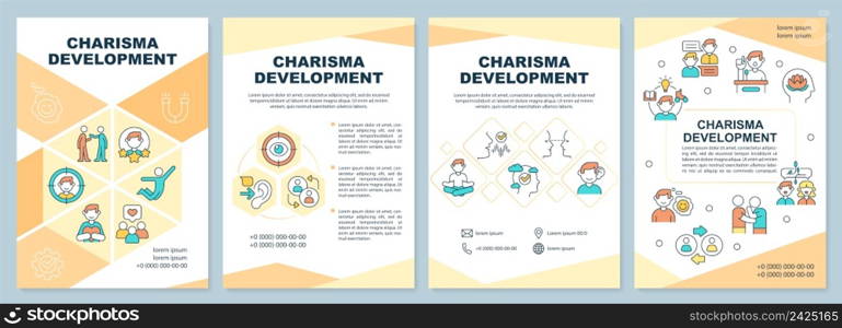 Charisma development orange brochure template. Build confidence. Leaflet design with linear icons. 4 vector layouts for presentation, annual reports. Arial-Black, Myriad Pro-Regular fonts used. Charisma development orange brochure template