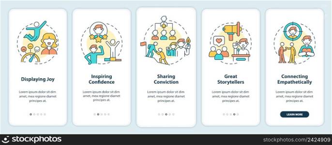 Charismatic people characteristics onboarding mobile app screen. Walkthrough 5 steps graphic instructions pages with linear concepts. UI, UX, GUI template. Myriad Pro-Bold, Regular fonts used. Charismatic people characteristics onboarding mobile app screen