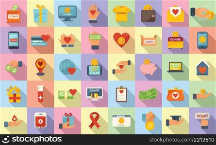 Charitable giving icons set flat vector. Donate food. Nonprofit sponsor. Charitable giving icons set flat vector. Donate food