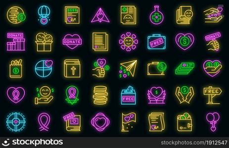 Charitable giving icons set. Outline set of charitable giving vector icons neon color on black. Charitable giving icons set vector neon