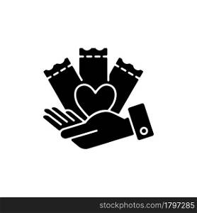 Charitable lottery game black glyph icon. Fundraising opportunities. Charity gambling. Conducting charitable gaming activities. Silhouette symbol on white space. Vector isolated illustration. Charitable lottery game black glyph icon