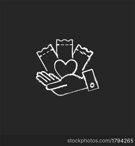 Charitable lottery game chalk white icon on dark background. Fundraising opportunities. Charity gambling. Conducting charitable gaming activities. Isolated vector chalkboard illustration on black. Charitable lottery game chalk white icon on dark background