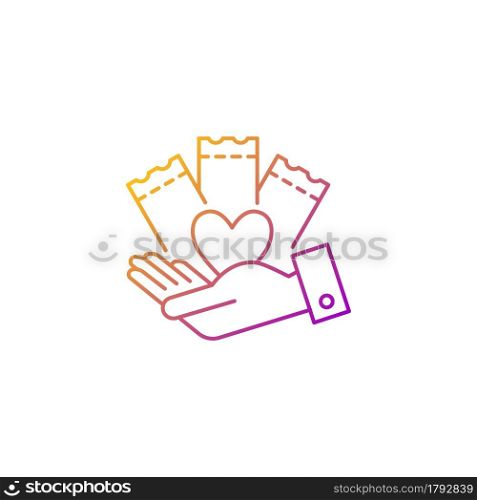 Charitable lottery game gradient linear vector icon. Fundraising opportunities. Conduct charity gaming activities. Thin line color symbols. Modern style pictogram. Vector isolated outline drawing. Charitable lottery game gradient linear vector icon
