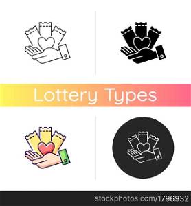 Charitable lottery game icon. Fundraising opportunities. Charity gambling. Generating income. Conducting charitable gaming activities. Linear black and RGB color styles. Isolated vector illustrations. Charitable lottery game icon