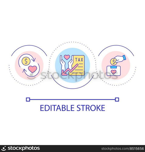 Charitable money contribution loop concept icon. Reducing taxable income abstract idea thin line illustration. Cash donation. Tax bill. Isolated outline drawing. Editable stroke. Arial font used. Charitable money contribution loop concept icon