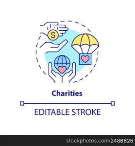 Charities concept icon. Social help. Public benefit. Institution example abstract idea thin line illustration. Isolated outline drawing. Editable stroke. Arial, Myriad Pro-Bold fonts used. Charities concept icon