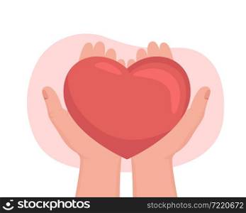 Charity 2D vector isolated illustration. Symbol for volunteering. Humanitarian aid. Peace and love. Hear on flat first view hands on cartoon background. Charitable contibution colourful scene. Charity 2D vector isolated illustration