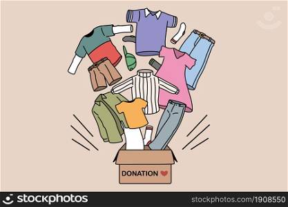 Charity and donating clothes concept. Box with donation word and carious human clothes flying from it for needing people vector illustration . Charity and donating clothes concept.
