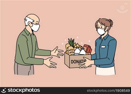 Charity and donating food concept. Young woman volunteer in medical protective mask giving Box with donation word full of products food for elderly man vector illustration . Charity and donating food concept