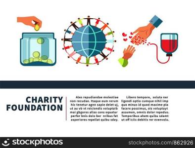 Charity and donation fund poster for blood donor or human help foundation for social organization. Vector flat design template of hand and heart or money give and people on earth symbol. Charity foundation poster for blood and money donation fund vector flat design