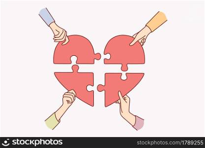Charity and donation, help concept. Group of people hands holding big heart puzzle symbol on their hands forming heart shape vector illustration.. Charity and donation, help concept.