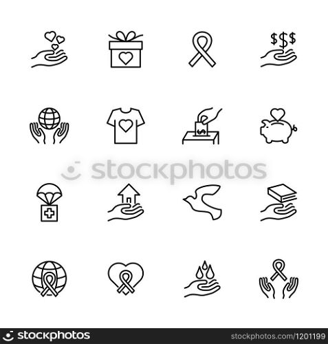 Charity and donation line icon set. Editable stroke vector, isolated at white background