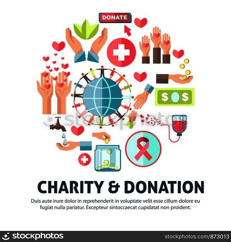Charity and donation poster for social foundation action. Vector symbols for blood donation or money and helping help and medical healthcare volunteering aid. Charity and donation symbols vector poster