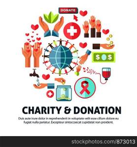 Charity and donation poster for social foundation action. Vector symbols for blood donation or money and helping help and medical healthcare volunteering aid. Charity and donation symbols vector poster