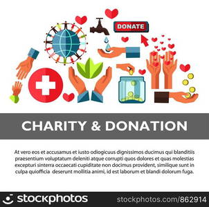 Charity and donation promotional poster with sample text. Symbolic human hands, red hearts, gold coins, clear water, globe miniature and huge cross isolated cartoon flat vector illustrations.. Charity and donation promotional poster with sample text