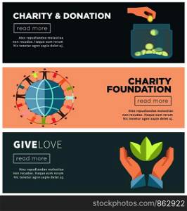 Charity and donation social action or public fund organization web banners templates. Vector flat design of help hand and green leaf or money coins for donation to people. Charity and donation fund vector flat web banners for public fund organization
