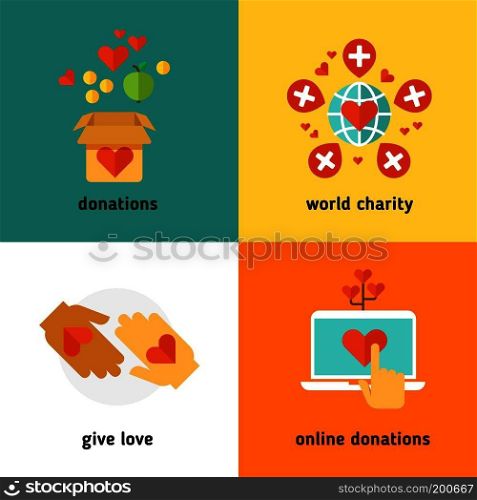 Charity and donation, social help services, volunteer work, non profit organization flat vector concepts. Online donations and world charity, giving donation in box illustration. Charity and donation, social help services, volunteer work, non profit organization flat vector concepts