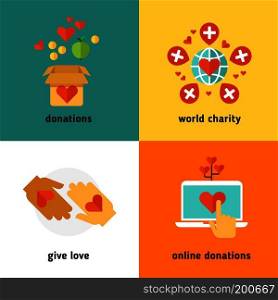 Charity and donation, social help services, volunteer work, non profit organization flat vector concepts. Online donations and world charity, giving donation in box illustration. Charity and donation, social help services, volunteer work, non profit organization flat vector concepts