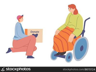 Charity and donation, support and care for disabled person. Isolated male character with box of needed goods for woman unable to walk. Female in wheelchair glad for help. Vector in flat style. Volunteer caring for disabled person, charity