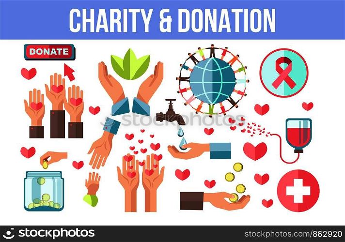 Charity and donation themed minimalistic icons set. Open human palms, red hearts, cancer ribbon, money in jar, clean water, globe with people on it and container of blood vector illustrations.. Charity and donation themed isolated minimalistic icons set