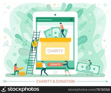 Charity and donation web poster, people donate money. Vector male climbing on ladder, teamwork and generosity, people and money banknotes, green leaves. Invest in new idea. Charity Donation Web Poster, People Donate Money