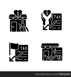 Charity and financial support black glyph icons set on white space. Grants for disabled persons. Taxation deduction for small business. Silhouette symbols. Vector isolated illustration. Charity and financial support black glyph icons set on white space