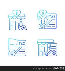 Charity and financial support gradient linear vector icons set. Grants for disabled persons. Taxation deduction. Thin line contour symbols bundle. Isolated outline illustrations collection. Charity and financial support gradient linear vector icons set