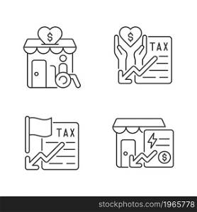 Charity and financial support linear icons set. Grants for disabled persons. Taxation deduction. Customizable thin line contour symbols. Isolated vector outline illustrations. Editable stroke. Charity and financial support linear icons set