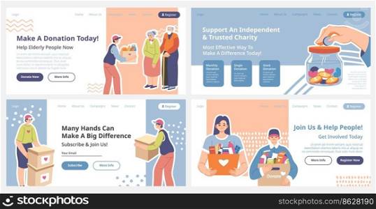 Charity and make donation offer at web page set. Volunteer support flat man woman people character at landing banner, vector illustration. Voluntary community advertising at website design collection. Charity and make donation offer at web page set
