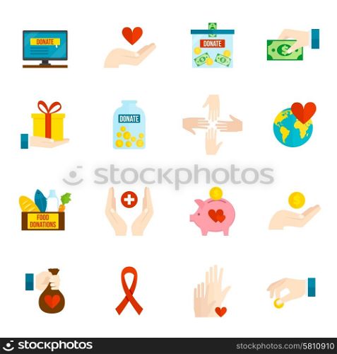 Charity and relief volunteer assistance icons flat set isolated vector illustration. Charity Icons Flat Set
