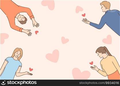 Charity and social care concept. Smiling people cartoon charters with hearts for charity donation volunteering and ready to donate blood and organs vector illustration. Charity and social care concept