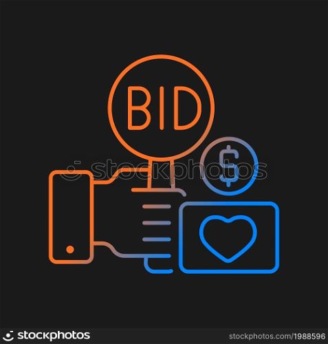 Charity auction gradient vector icon for dark theme. Fundraising event. Bidding for experimental assets. Bargaining. Thin line color symbol. Modern style pictogram. Vector isolated outline drawing. Charity auction gradient vector icon for dark theme