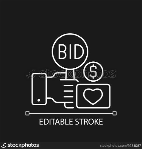 Charity auction linear icon for dark theme. Fundraising event. Public sales. Bargaining. Thin line customizable illustration. Isolated vector contour symbol for night mode. Editable stroke. Charity auction linear icon for dark theme