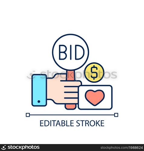 Charity auction RGB color icon. Fundraising event. Bidding for experimental assets. Public sales. Bargaining. Isolated vector illustration. Simple filled line drawing. Editable stroke. Charity auction RGB color icon