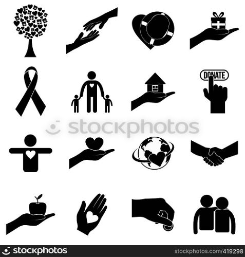 Charity black simple icons. Donation icons for web and mobile devices. Charity black simple icons