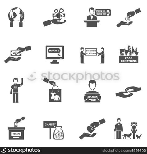Charity Black White Icons Set. Charity black white icons set with donations symbols flat isolated vector illustration